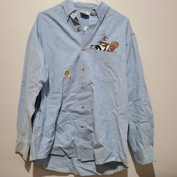 Vintage Looney Tunes Warner Bros Studio Store Men's Denim Shirt Size M 1996 - Picture 2 of 12
